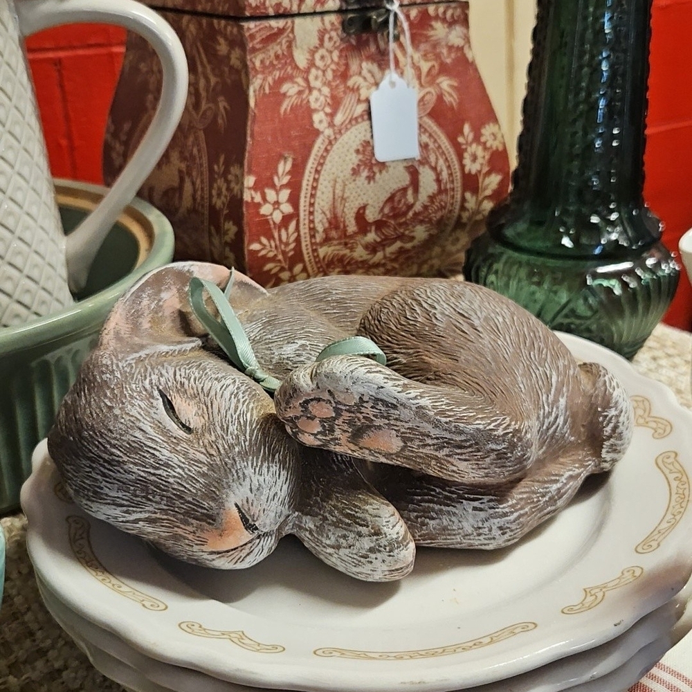 Sleeping Bunny Figurine in Distressed Brown with Mint Ribbon
